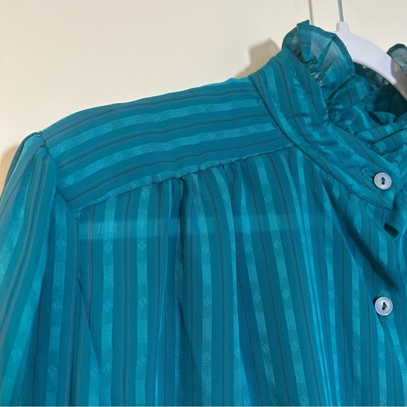 BUMBLE BEE | Teal Vintage Button Up Long Sleeve Blouse With Ruffle Neck Collar - Picture 3 of 9